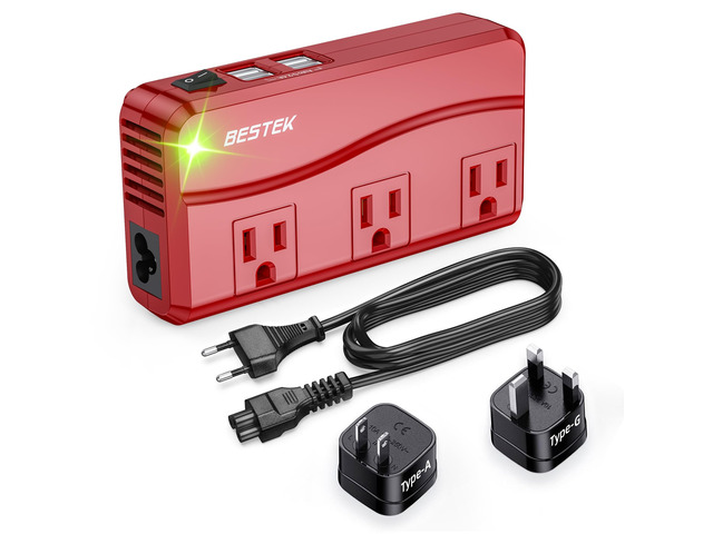 Universal Travel Adapter 220V to 110V Voltage Converter with 6A 4-Port USB Charging and UK/AU/US/EU Worldwide Plug Adapter (Red)
