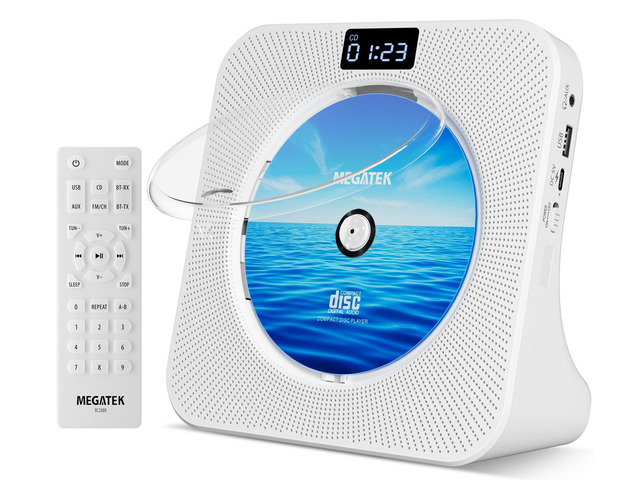 Portable CD Player with Bluetooth RX/TX, FM Radio & USB - White Desktop Design, HiFi Stereo Speakers, Front Display, Headphone Jack, Sleep Timer,...