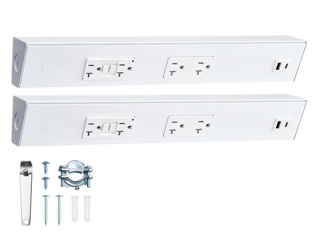 2-Pack 16 in Hardwired Under Cabinet Power Strip with GFCI Outlet 20A GFCI + 20A TR Outlet with USB-A & USB-C, Angled Outlet Design, 2500W Rating,...