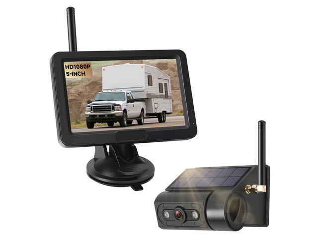 Magnetic Solar Wireless Backup Camera with 5 HD Monitor No Wiring Rechargeable Battery IP68 IR Night Vision Rearview Camera System for Car RV Truck...