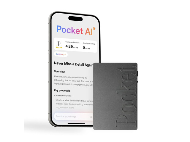 AI Voice Recorder, Auto Transcription, AI Note Taker, Space Grey Recording Device, Action Items, Mind Maps, Ask, 4-Day Battery, MagSafe, iOS & Android