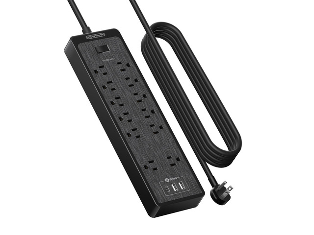15 ft Extension Cord, Flat Plug Power Strip with USB, 12 Outlets Wall Mount, 2100 Joules, 1875W, 15A Circuit Breaker for Home Office Dorm...