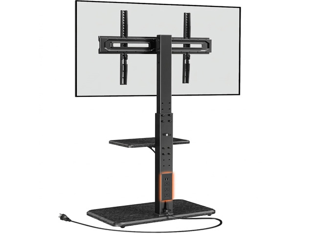 Floor TV Stand with Power Outlet, Universal TV Stand for 32-75 inch TVs up to 110 lbs, Height Adjustable Standing TV Mount, Tall TV Mount with Wood...