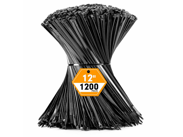 1200pcs Black Cable Zip Ties 12 Inch, Heavy Duty Plastic Nylon Tie Wraps with 50lb Tensile Strength for Indoor & Outdoor