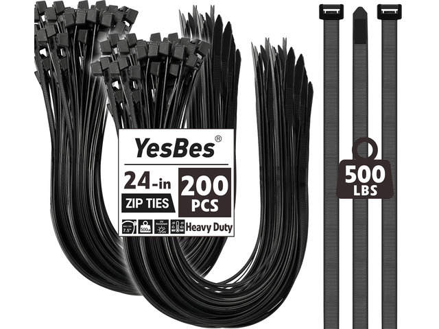 200 PCS Zip Ties 24 Inch Heavy Duty, Large Cable Ties 500lbs Tensile Strength, Black Zip Ties for Indoor and Outdoor Use, UV Resistant Wire Ties