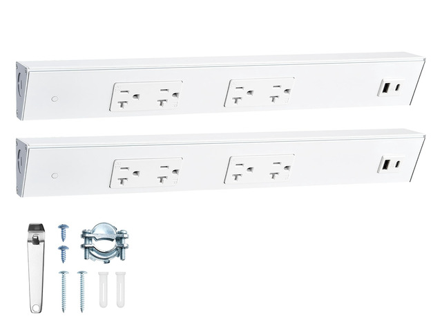 2-Pack Under Cabinet Hardwired Power Strip, 16 inch, Pre-Wired Angled Trapezoid Design, 2×20A TR Outlets with USB-A & USB-C, Expandable Modular...