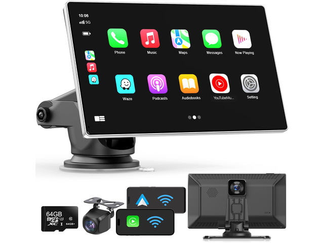 Portable Apple Carplay Screen for Car, 9' Wireless Apple Carplay & Android Auto,4K Dash Cam,1080p Backup Camera DVR,Car Audio Receivers GPS...