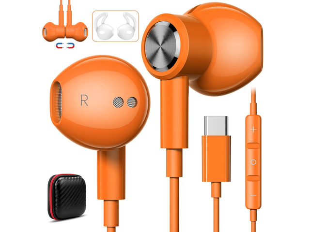 Magnetic USB-C Wired Earbuds HiFi Stereo Headphones with Mic Orange Type-C Earbuds with Control Button for iPhone 15/16/17 Samsung S26 & OnePlus...