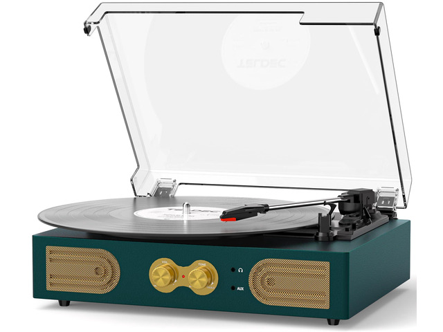 Vinyl Record Player with Built-in Speakers, Vintage 3-Speed Turntable, Bass/Treble Control, Headphone Jack, RCA/AUX Outputs, Belt-Driven LP Player,...