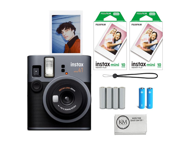 Instax Mini 41 Instant Camera Bundle with Instax Mini Film 20 Exposures + 4 Pack AA Batteries + Cleaning Cloth (4 Items)
