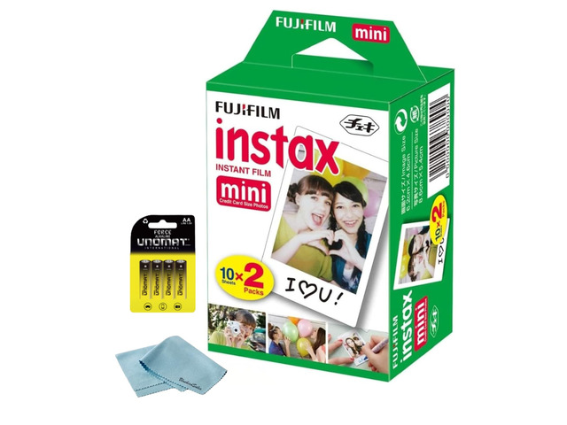 Instax Mini Instant Film, 20 Shots (10 Sheets x 2) Capture Memories Anytime, Anywhere + BluebirdSales Premium Cleaning Cloth & 8 AA Batteries