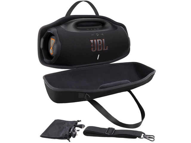 Hard Case for JBL Boombox 4 Portable Bluetooth Speaker, Black Velvet Accessory Pouch, Integrated Handle Slot, Cable Organization, Shoulder Strap,...