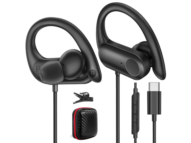 USB C Headphones with Earhook Mic & Volume Control HiFi Stereo Sound Type C Workout Wired Earbuds, in-Ear Sports Earphone for iPhone 17 16...