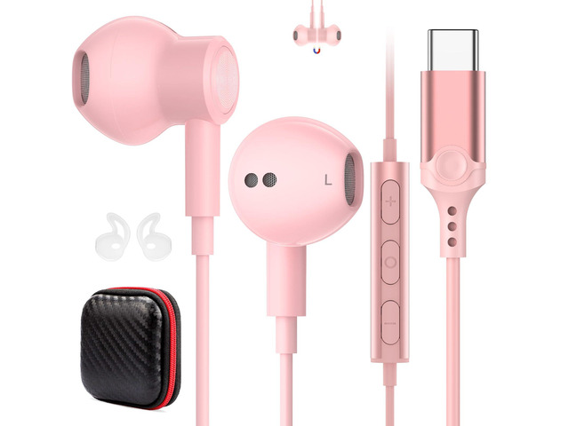 USB C Earbuds Wired Headphones for iPhone 17 16 Pro Max 17e,Pink for Samsung S26 S25 Ultra S24 A17 A37 Type C Earphones,Stereo Corded Earbuds C...