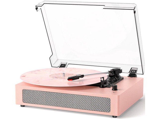 Vinyl Record Player Vintage 3-Speed Wireless Bluetooth Turntable with Belt-Drive, Built-in Stereo Speakers, RCA Output, AUX in, Auto Stop, Pink LP...