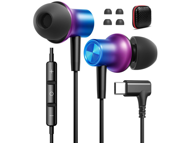 USB C Headphones Wired Earbuds Ear Buds with Mic for Apple/Android 90° Angled Plug in USBC Wire Earphones Corded Type C for iPhone 17 17e 16 16e...
