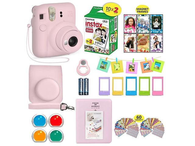 Instax Mini 12 Instant Camera Blossom Pink + Shutter Compatible Carrying Case + Fuji Film Value Pack (20 Sheets) + Shutter Accessories Bundle,...
