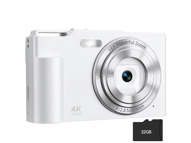 Digital Camera, FHD Digital Point and Shoot Camera with 16X Zoom Anti Shake, 48MP Compact Small Camera with 32GB Card for Boys Girls Kids White