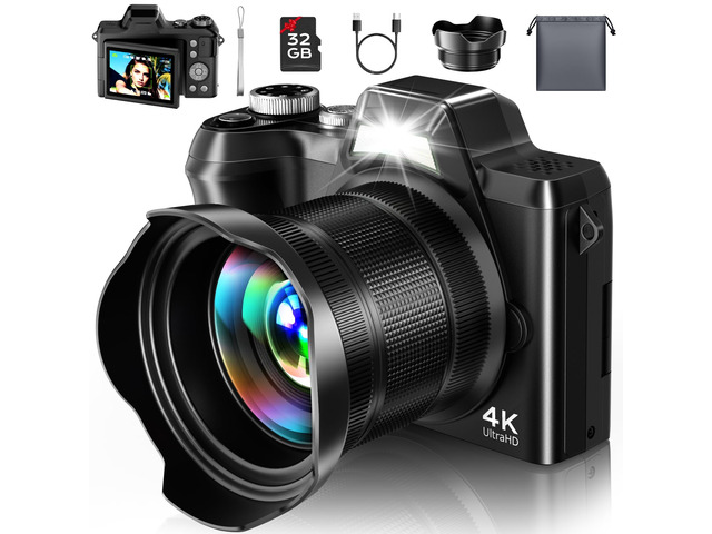 4K Digital Camera for Photography Travel, 56MP Autofocus Vlogging Camera for YouTube, 16X Zoom with 3' 180°Flip Screen & Lens Hood, 32GB Card, Gift...