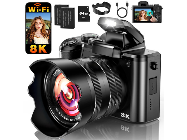 8K Digital Camera, 88MP WiFi Cameras for Photography with 3.2' Touchscreen 64GB Card, Autofocus, 16X Zoom, Anti-Shake, Dual Lens Vlogging Camera...