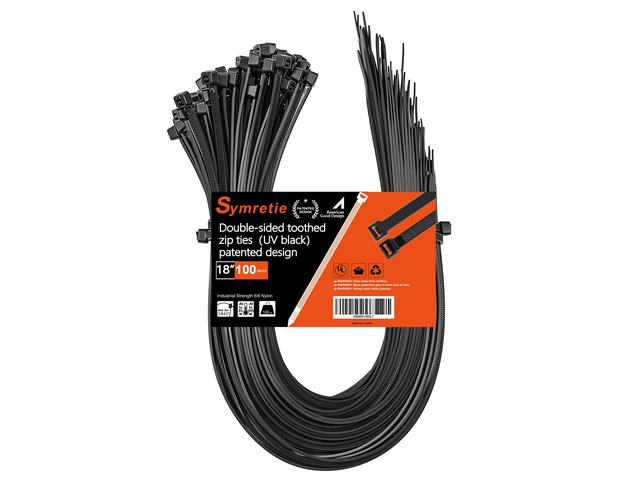 18' -double-sided tooth zip ties black.: 120lbs tensile strength. Heavy-duty, self-locking, adjustable, durable nylon ties for indoor/outdoor use....