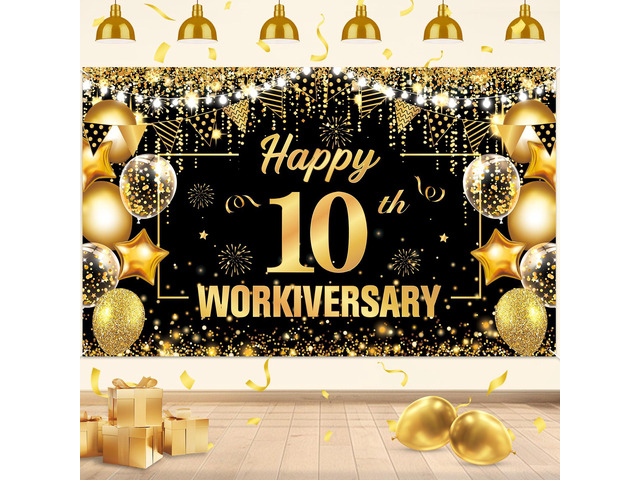 10 Year Work Anniversary Decorations Happy 10th Workiversary Banner Black Gold Happy 10th Workiversary Backdrop Employee Appreciation 10 Year Work...