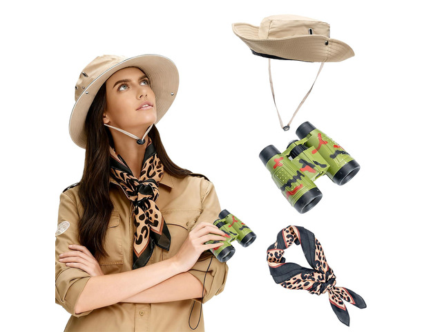 Safari Adventure Set with Binoculars, Sun Hat, and Wild Animal Print Scarf