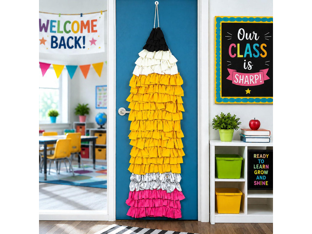 4.3ft Classroom Pencil Wall Hanging Fringe Back to School Decoration Reusable Giant Pencil Hanging Streamer Backdrop Photo Prop Decor for Preschool...