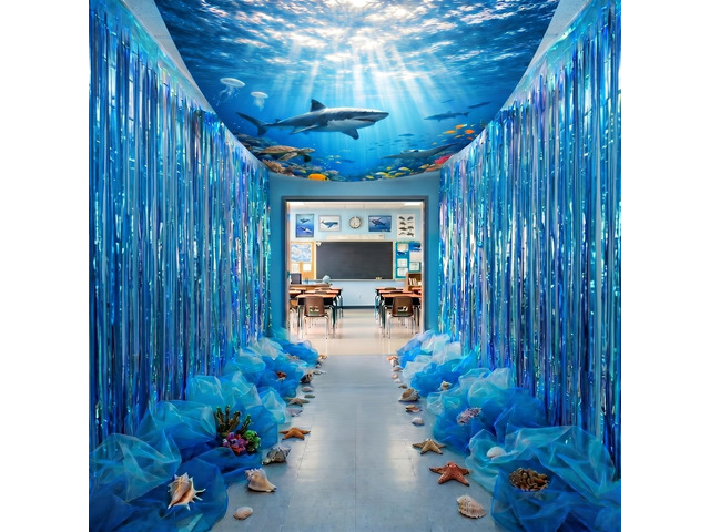 12 Pcs Under The Ocean Hanging Classroom Decorations Blue Foil Curtain Fringe Backdrop, Mesh, Under The Ocean Shark Hanging Party Decor, for...