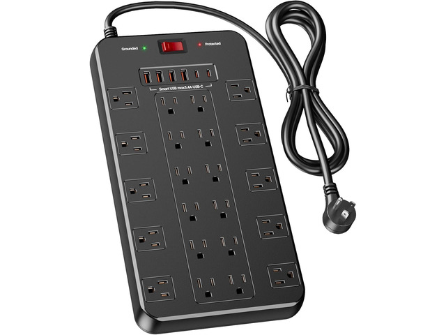 Surge Protector Power Strip 10 FT Cord with 22 Outlets 6 USB Ports(2 USB C), 1875W/15A, 10 FT Flat Plug 3 Prong Extension Cord with Multiple...