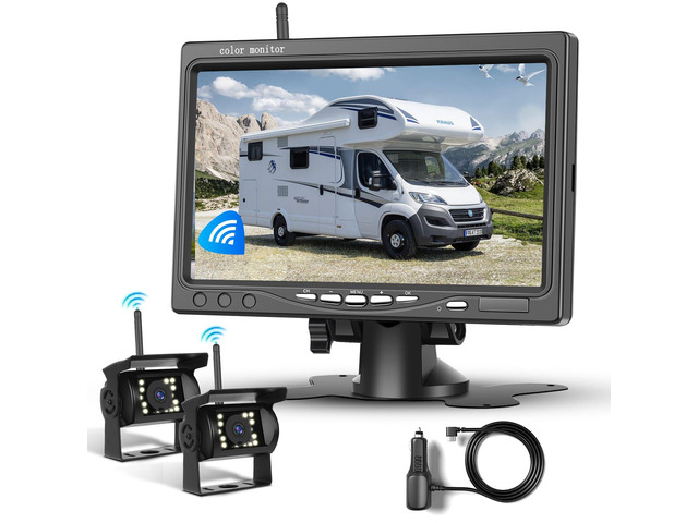 1080P HD Wireless Backup Camera System, 7-inch LCD Monitor with 2 Rearview Camera for Trailer RV Camper Truck Car Bus, DIY Guide Lines, IP68...