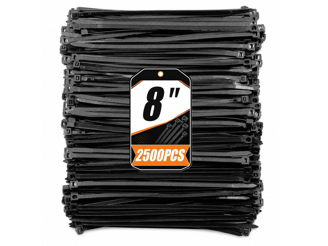 8 Inch Black Zip Ties 2500 Pack Heavy Duty 60LBS UV Resistant Cable Ties Nylon PA66 Long Wire Ties for Garden Outdoor Fencing and Home Organizing