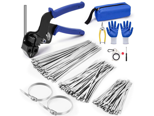 Stainless Steel Cable Tie Gun Kit with 300PCS Metal Zip Ties, (100 Each of 6,8, 11.8 Inch) Heavy Duty Steel Metal Zip Ties Tool Set for Chain Link...