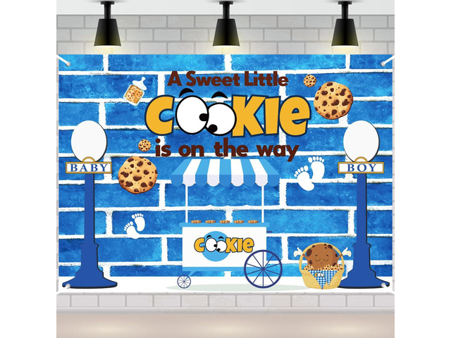 A Sweet Little Cookie is On The Way Backdrop, Cookie Baby Shower Decorations for Boy, Blue Cookie Theme Party Banner Background for Dessert Table,...