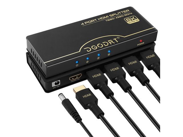 8K@60Hz HDMI Splitter 1 in 4 Out, 1x4 Power HDMI 2.1 Splitter 4 Ports Distributor Box, Support 4K@120HZ HDCP 2.3 3D HDR 48 Gbps for HDTV, Fire...