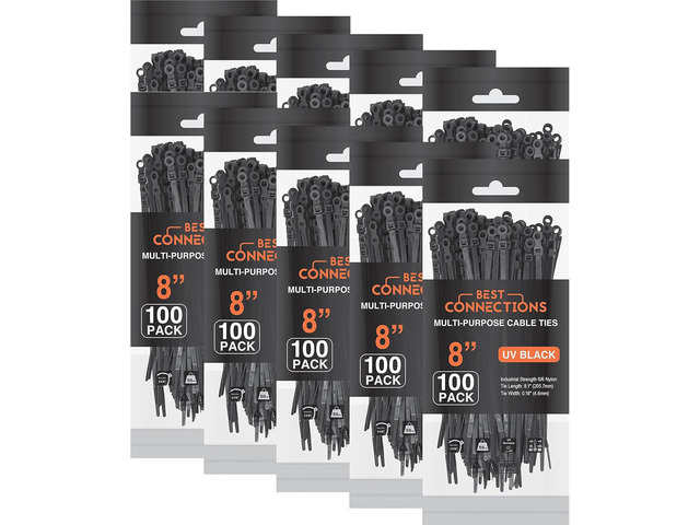 Black Cable Ties 1,000 Pcs Cable Zip Ties 8 Inch with Screw Down Hole for Mounting- Strong Nylon Wire Ties with 50 Lbs Tensile Strength Cable...