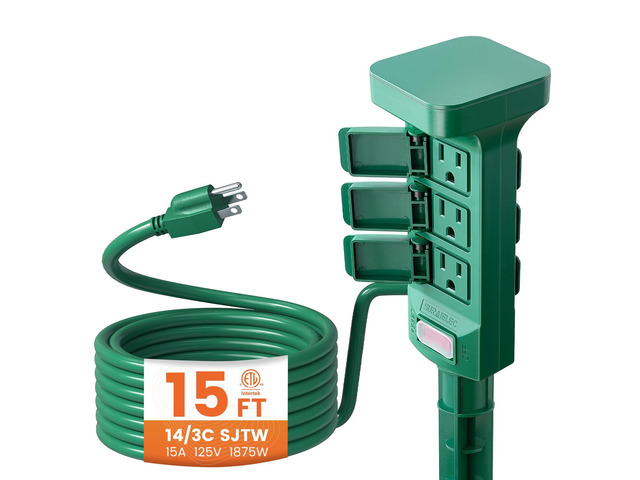 Outdoor Power Stake Waterproof 6 Grounded Outlets, 15FT Power Strip Weatherproof Multiple Extension Cord Outlets for Patio, Christmas Decoration,...