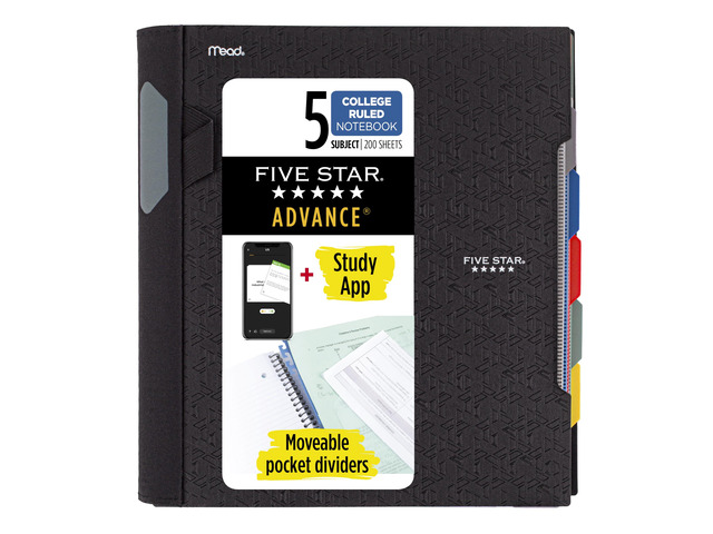 Advance Spiral Notebook + Study App, 5 Subject, College Ruled Paper, 8-1/2' x 11', 200 Sheets, Spiral Guard, Movable Tabbed Dividers, Black (73144)