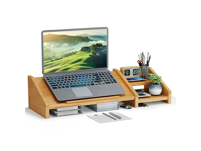 Ufine Bamboo Laptop Stand for Desk with Storage Computer Monitor Riser 3 Heights Adjustable, Notebook Printer Stand Desktop Organizer for Home...