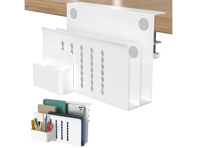 Desk Side Storage, 2 Tier Steel Hanging Desk Organizer with Magnetic Pen Holder, No Drilling Standing Desk Drawer Cable Management Tray, Under...