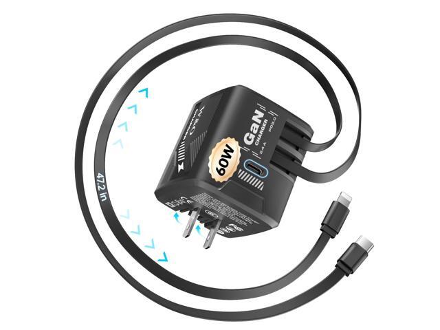 W & O Retractable Wall Charger, 60W Gan Fast Charger with Built-in 47.2 Retractable USB-C & Lightning Cables, No Cable Mess Charging Solution for...