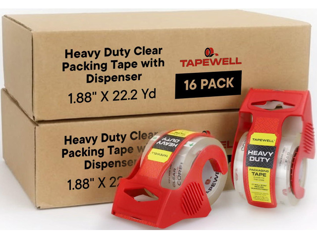 Heavy Duty Packing Tape with Dispenser, 1.5' Core, 1.88' x 22.2 Clear Shipping Tape for Boxes, Packaging, Mailing & Moving Supplies, Pack of 16