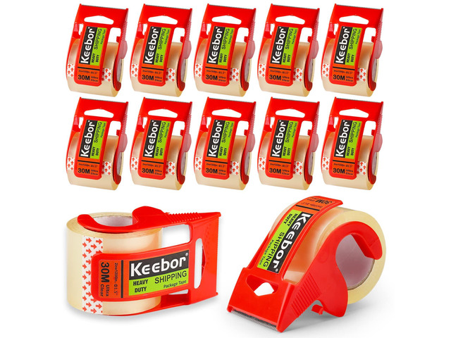 Packing Tape with Dispenser, 12 Rolls Clear Shiping Package Tape, 2'' x 32.8 yd, 1.5'' Core, Designed for Packing, Shipping & Mailing (Pack of 5)