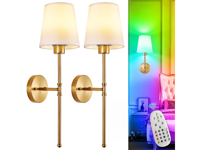 Battery Operated Wall Sconce: Set of 2 Wireless Wall Lights with 10000mAh Dimmable Bulbs and Remote for Bedroom - Rechargeable 15 Colors Gold Wall...