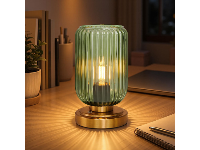 Cordless Table Lamp for Bedroom, Touch Stepless Dimmable 7500mAh Rechargeable Battery, Green Glass Shade, Brushed Gold Base, Bulb Included, Modern...