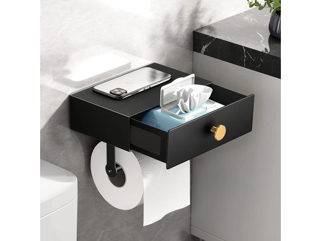 Toilet Paper Holder with Shelf Black Wipes Dispenser for Bathroom Stainless Steel Toilet Paper Holder with Storage Drawer Adhesive Wall Mount Small...