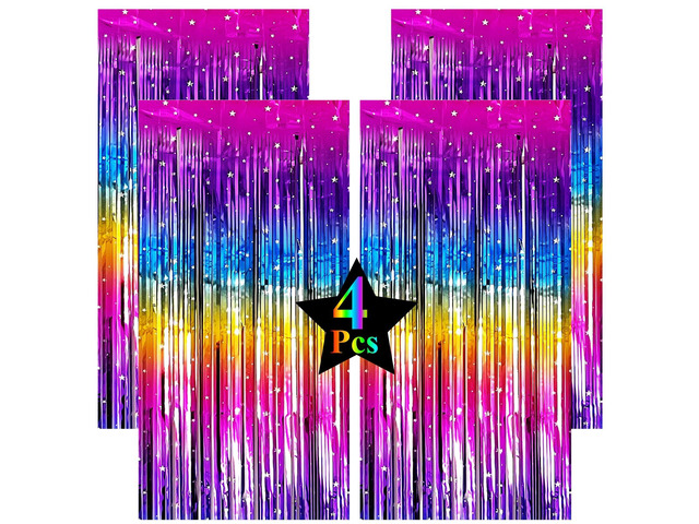Pack of 4 Sparkly Neon Rainbow Foil Fringe Curtain Backdrop Metallic Streamers Photo Booth Props for Birthday Bachelorette Gay Pride Day Graduation...