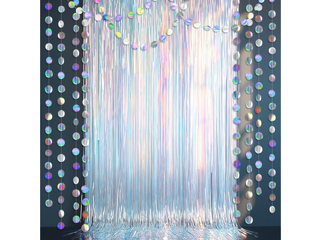 Iridescent Tinsel Foil Fringe Backdrop Curtain Circle Garland Holographic Party Decorations Disco Birthday Wedding Graduation Christmas New Year...