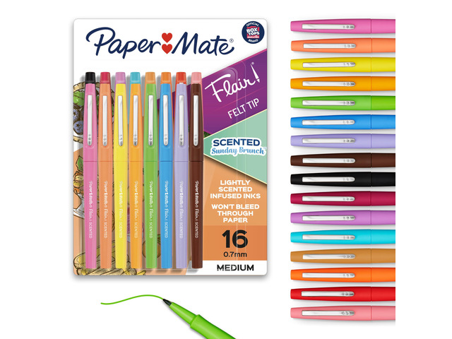 Flair Sunday Brunch Scented Felt Tip Pens, Medium Point (0.7mm), 16 Count - For Journaling, Writing, Note-Taking, Fun Teacher Supplies