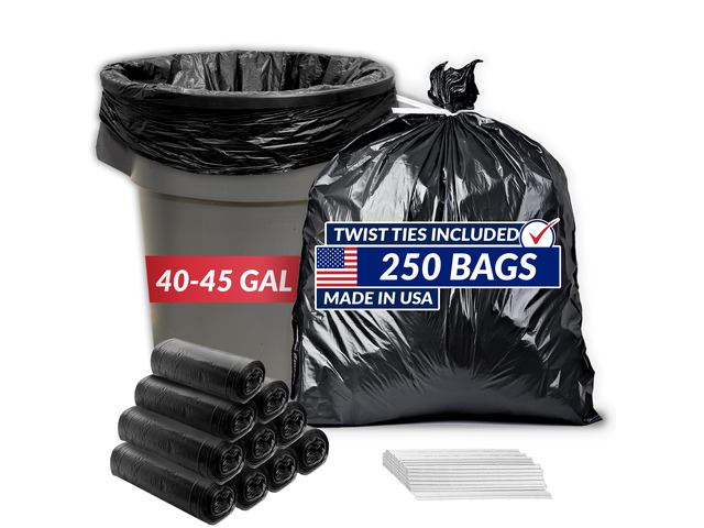 40 to 45 Gallon Trash Bags Heavy Duty 250 Trash Bags, Twist Ties Black, Serious Garbage Cleanup Large Garbage Bags with Twist Ties, Made in...
